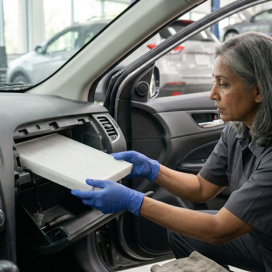 A close-up shot of a professional technician’s hand installing a new cabin air filter into a vehicle in a service bay.